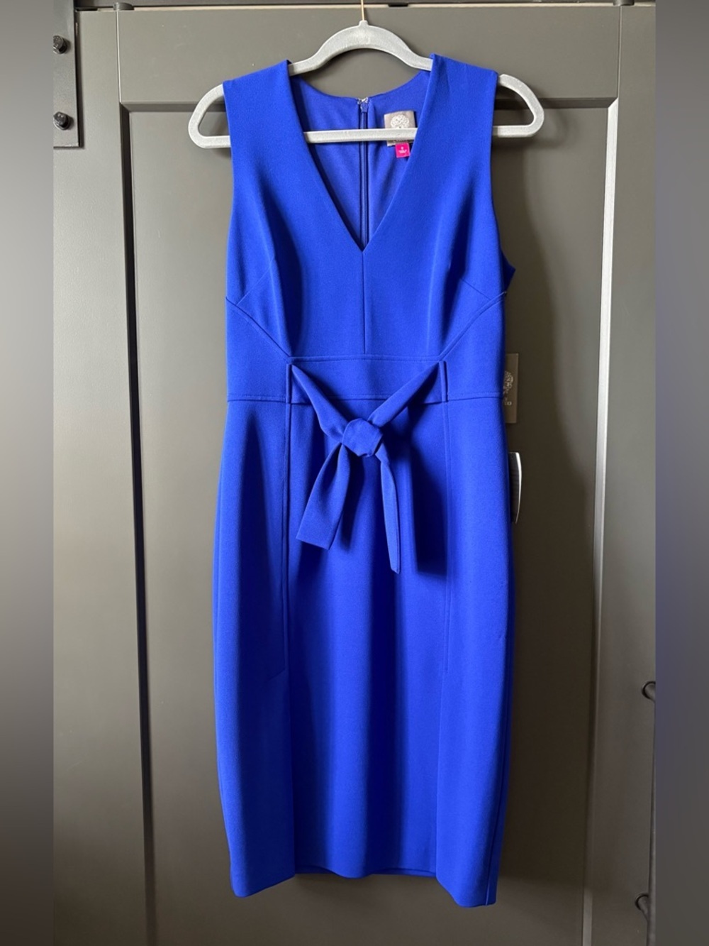 Vince Camuto Cobalt Blue V-Neck Midi Dress with Waist Tie Detail